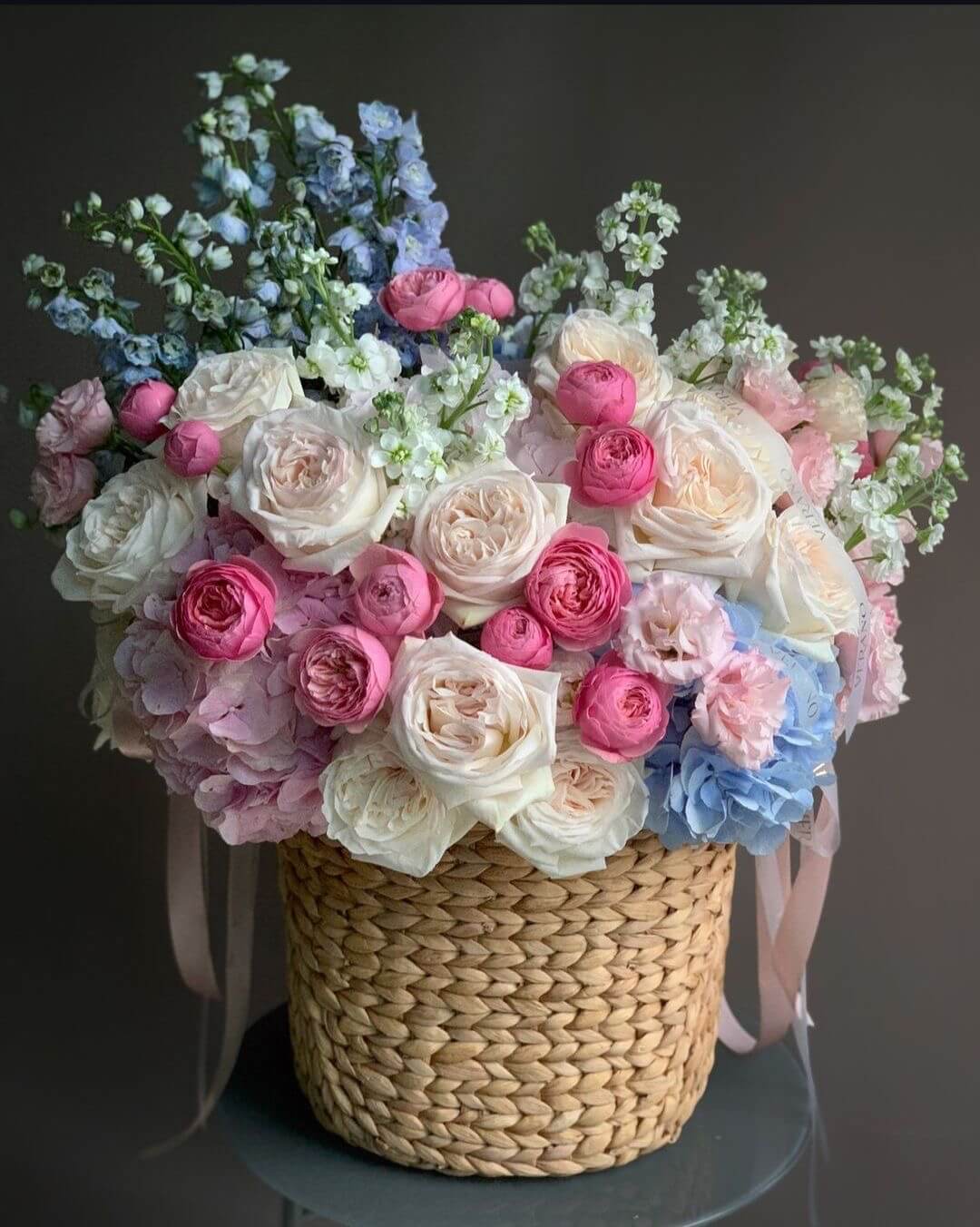 Flower Basket with Hydrangea,  Garden Roses