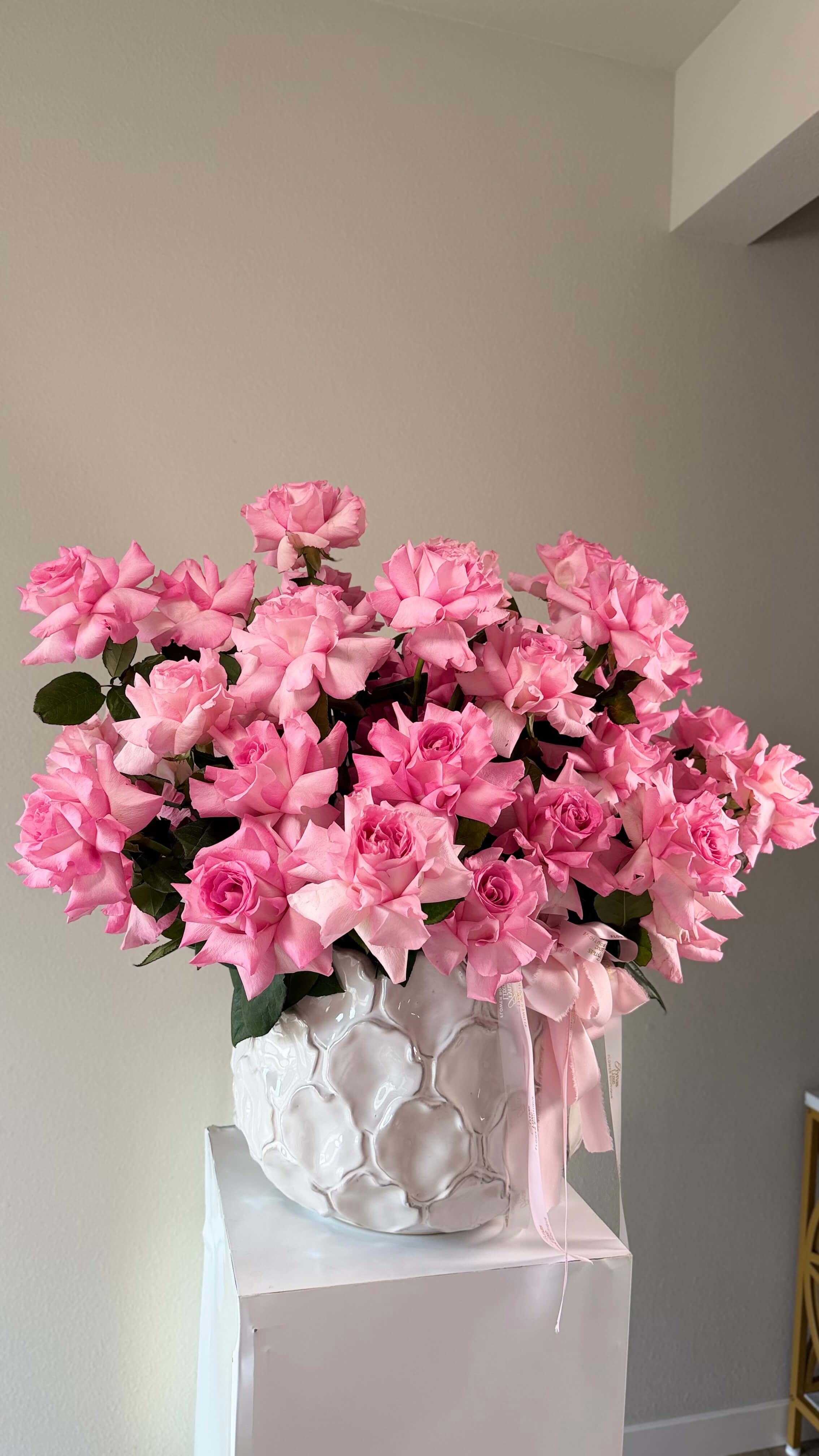French Rose Arrangement in a Ceramic Vase
