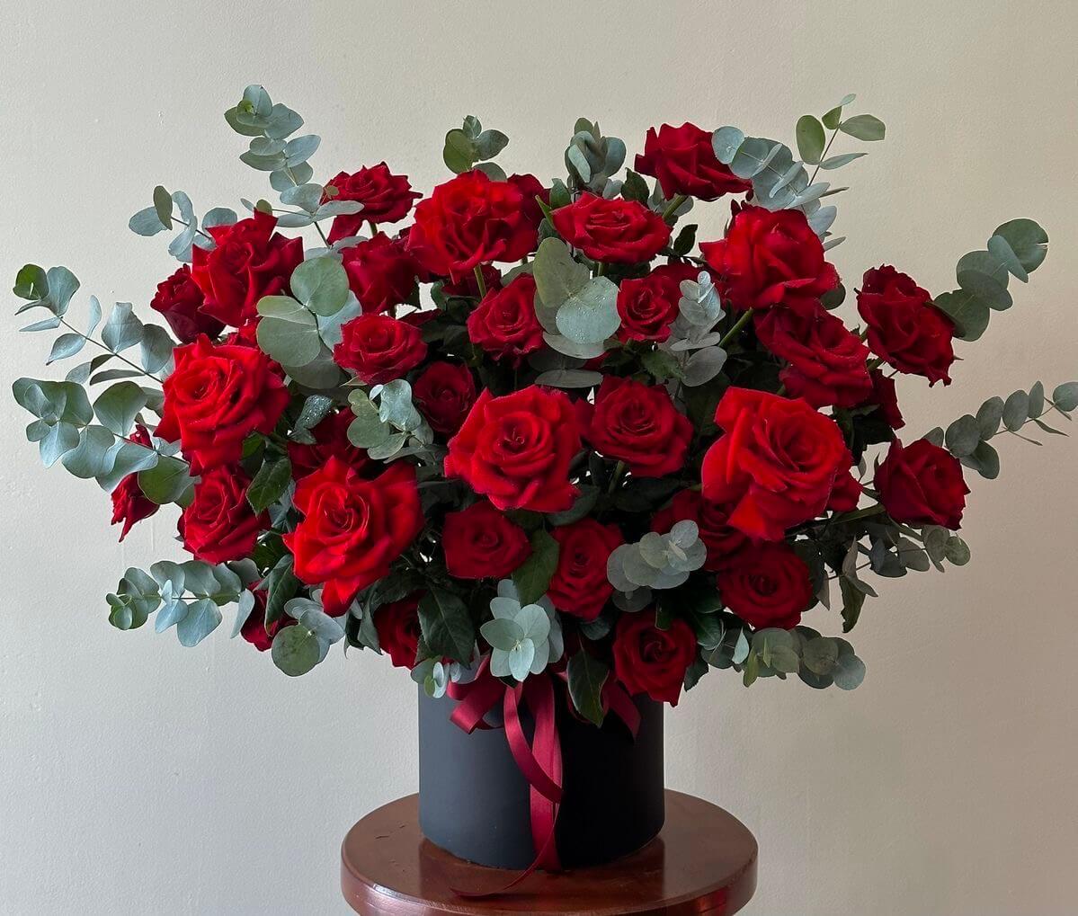 Red Rose Box with Eucalyptus